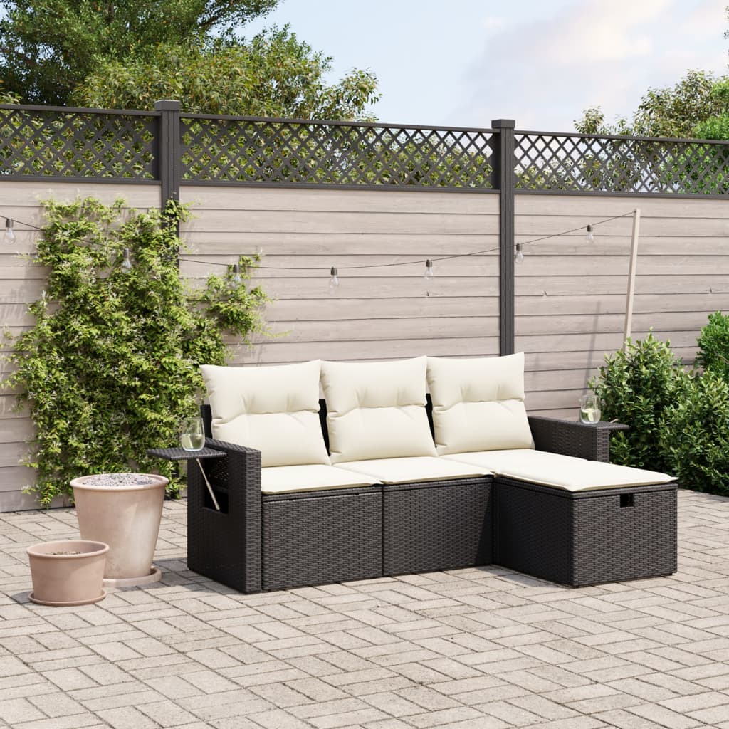 vidaXL 4-tlg. Garten-Sofagarnitur mit Kissen Schwarz Poly Rattan