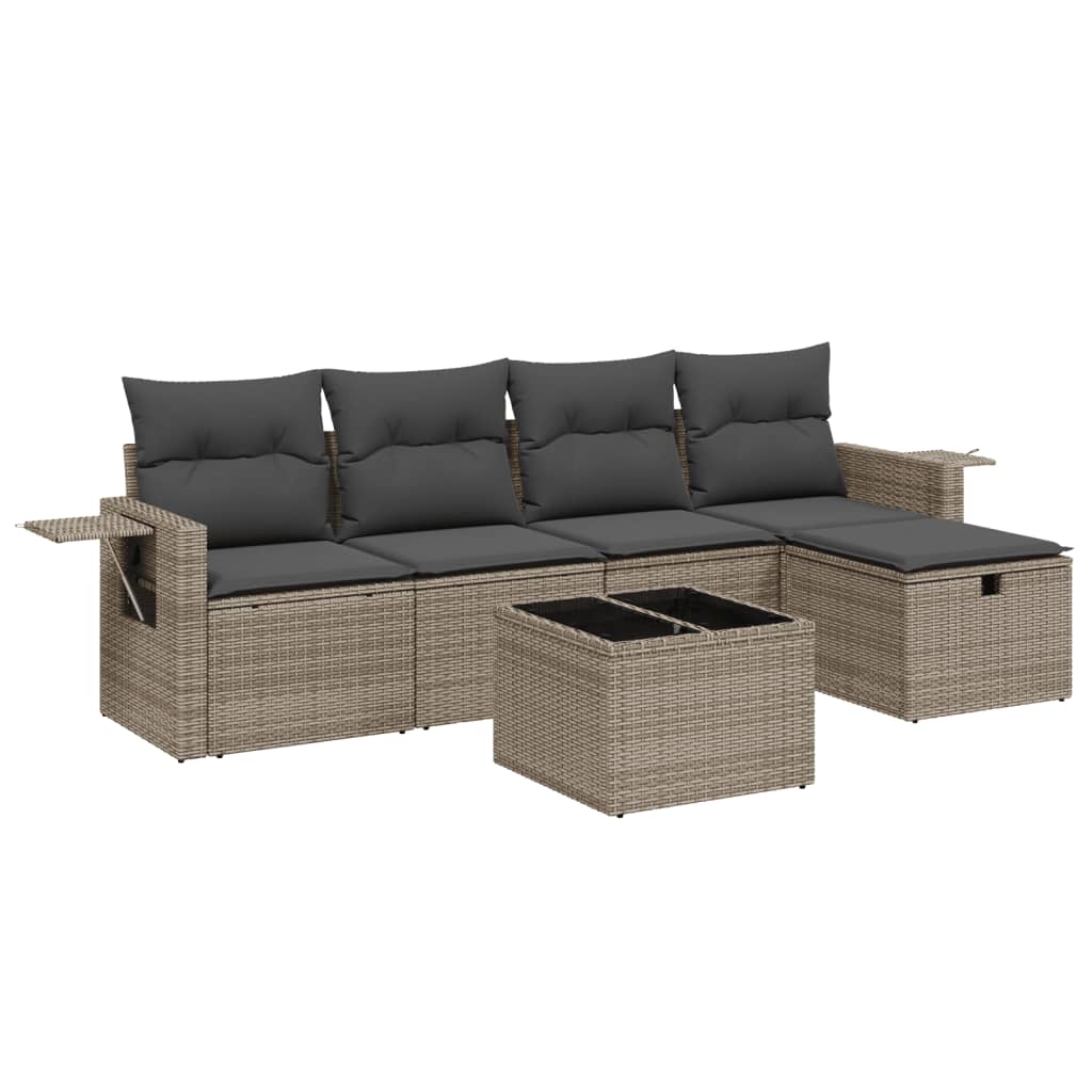 6-tlg. Garten-Sofagarnitur mit Kissen Grau Poly Rattan
