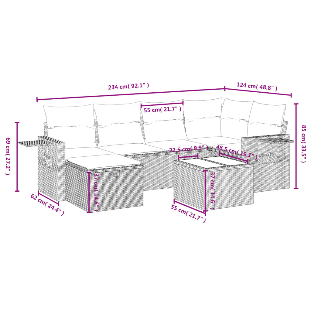 vidaXL 7-tlg. Garten-Sofagarnitur mit Kissen Beige Poly Rattan