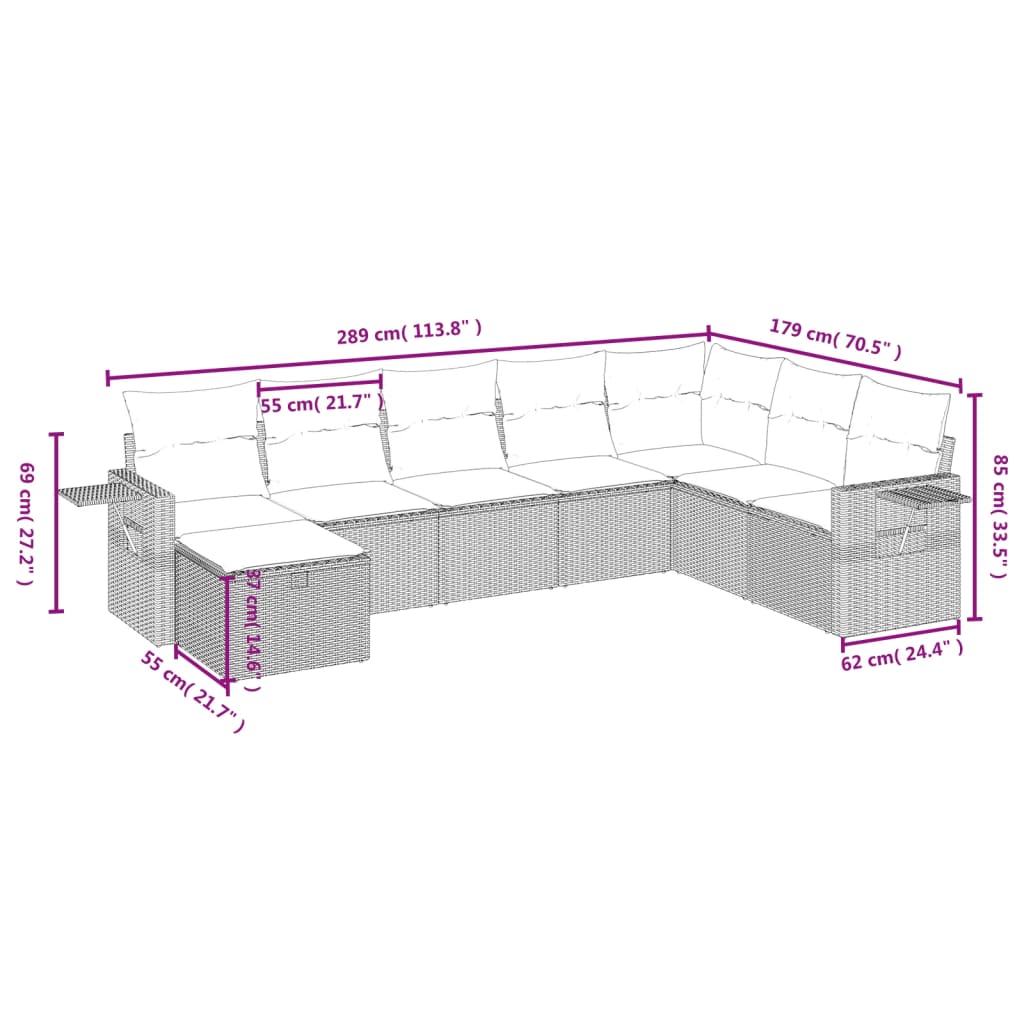 vidaXL 8-tlg. Garten-Sofagarnitur mit Kissen Schwarz Poly Rattan