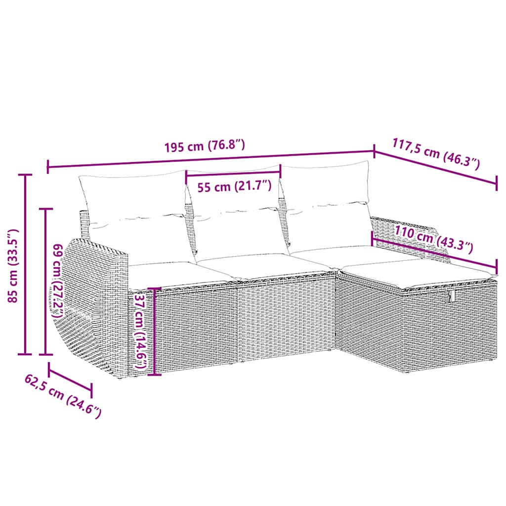 vidaXL 4-tlg. Garten-Sofagarnitur mit Kissen Hellgrau Poly Rattan