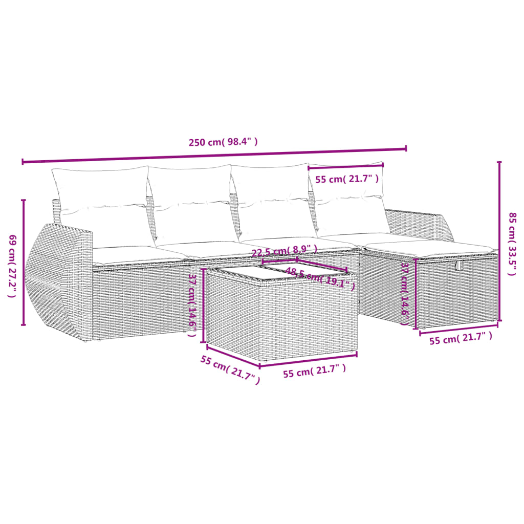 vidaXL 6-tlg. Garten-Sofagarnitur mit Kissen Beige Poly Rattan