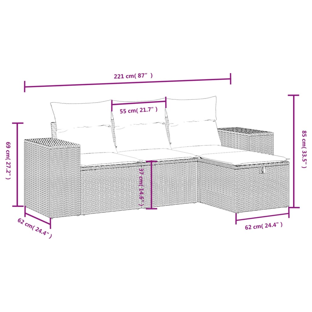 vidaXL 4-tlg. Garten-Sofagarnitur mit Kissen Schwarz Poly Rattan