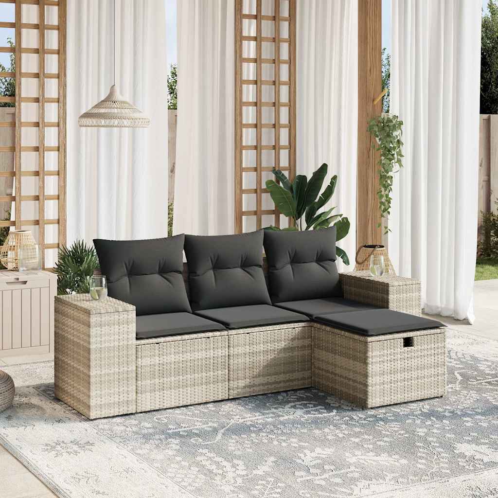 vidaXL 4-tlg. Garten-Sofagarnitur mit Kissen Hellgrau Poly Rattan