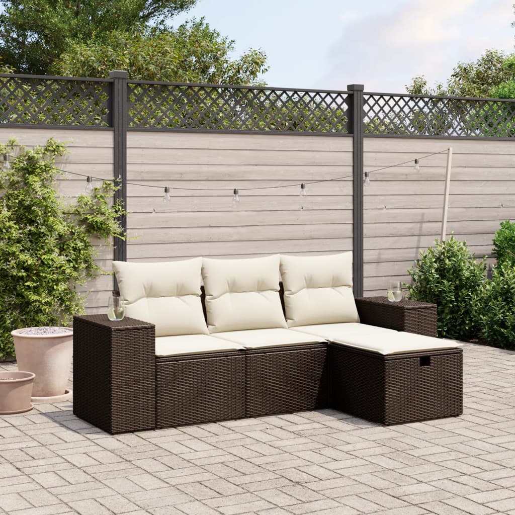 vidaXL Salon de jardin 4 pcs avec coussins résine tressée marron