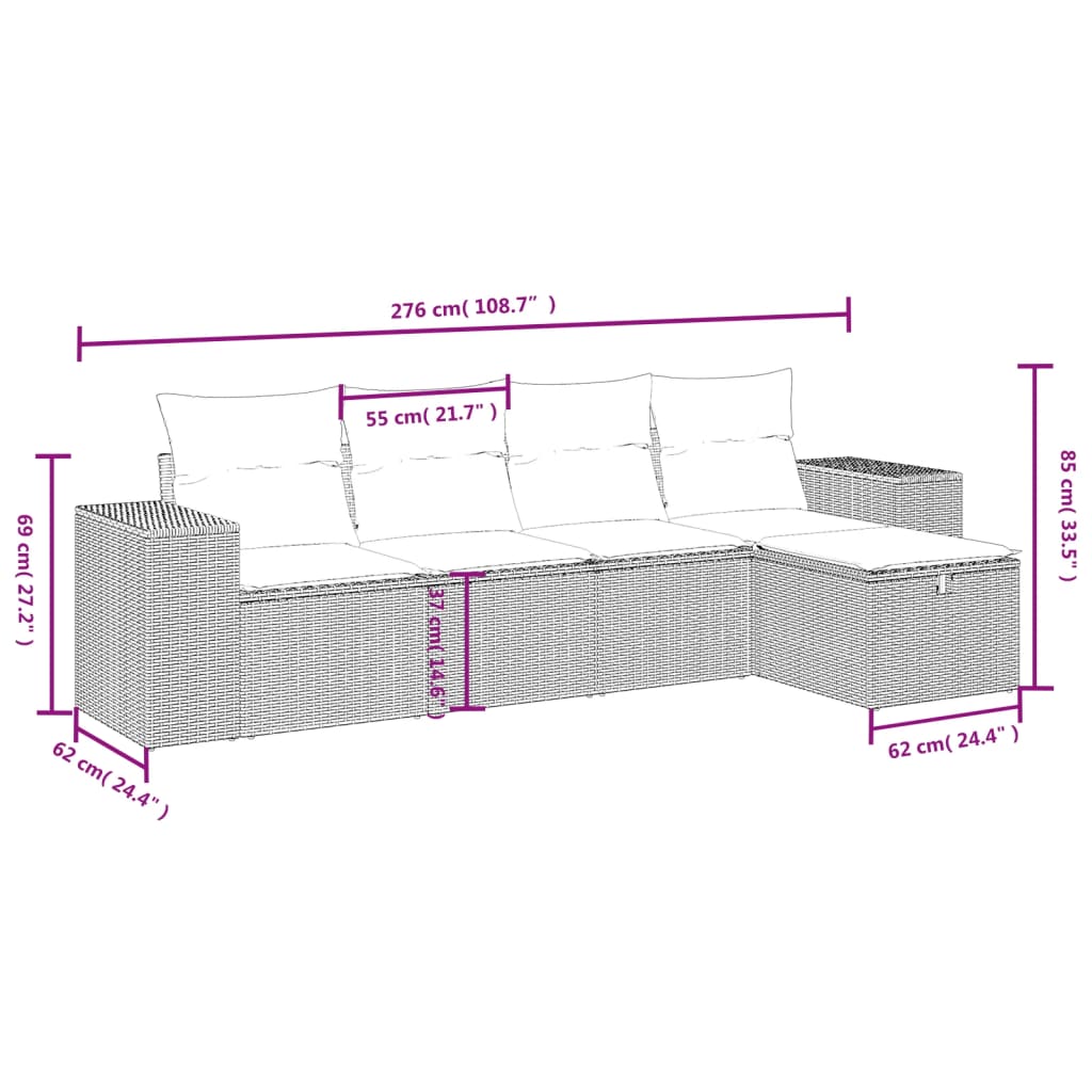 vidaXL 5-tlg. Garten-Sofagarnitur mit Kissen Schwarz Poly Rattan
