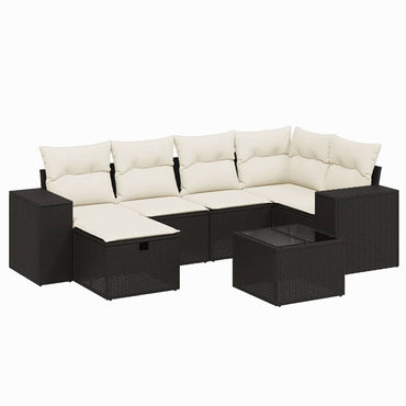 vidaXL 7-tlg. Garten-Sofagarnitur mit Kissen Schwarz Poly Rattan