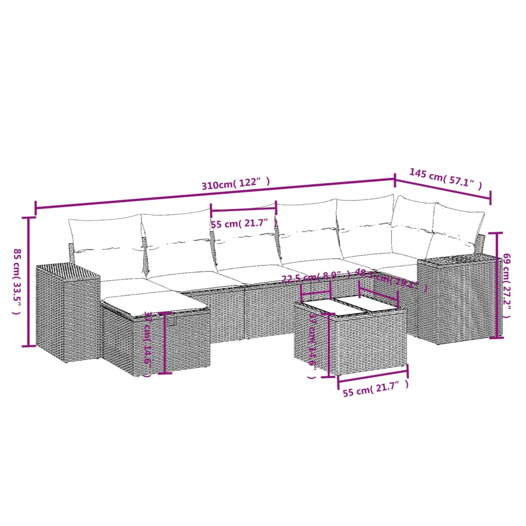 vidaXL Ensemble de canapés de jardin 8 pièces avec coussins en résine tressée grise