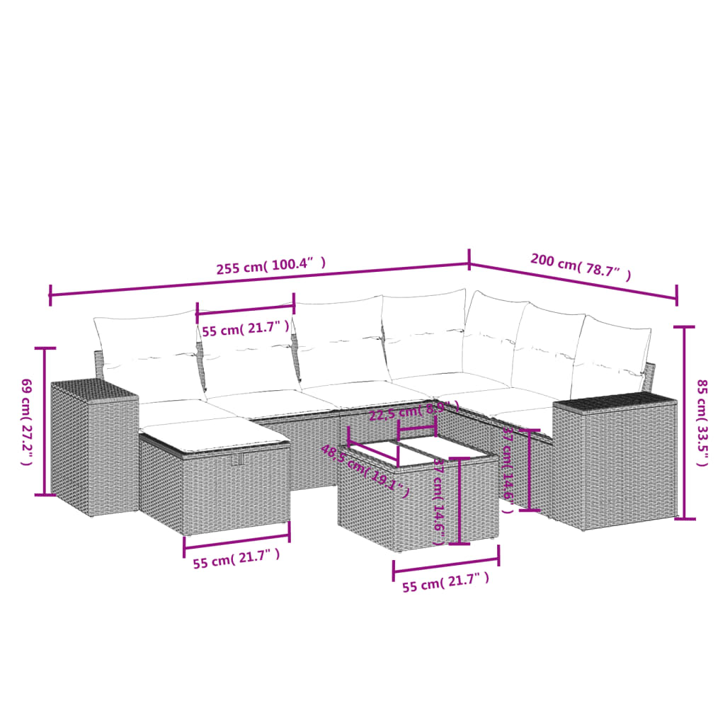 vidaXL 8-tlg. Garten-Sofagarnitur mit Kissen Schwarz Poly Rattan
