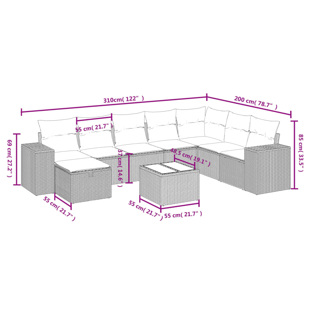 vidaXL 9-tlg. Garten-Sofagarnitur mit Kissen Beige Poly Rattan