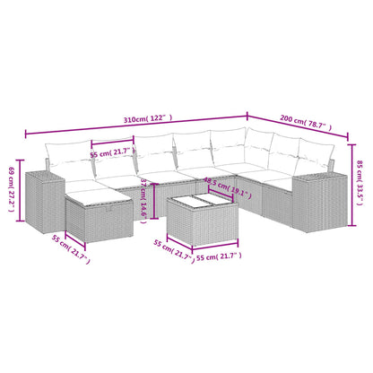 vidaXL 9-tlg. Garten-Sofagarnitur mit Kissen Beige Poly Rattan