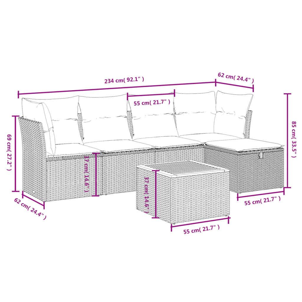 vidaXL 6-tlg. Garten-Sofagarnitur mit Kissen Beige Poly Rattan