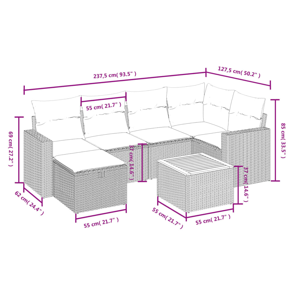 vidaXL 7-tlg. Garten-Sofagarnitur mit Kissen Schwarz Poly Rattan