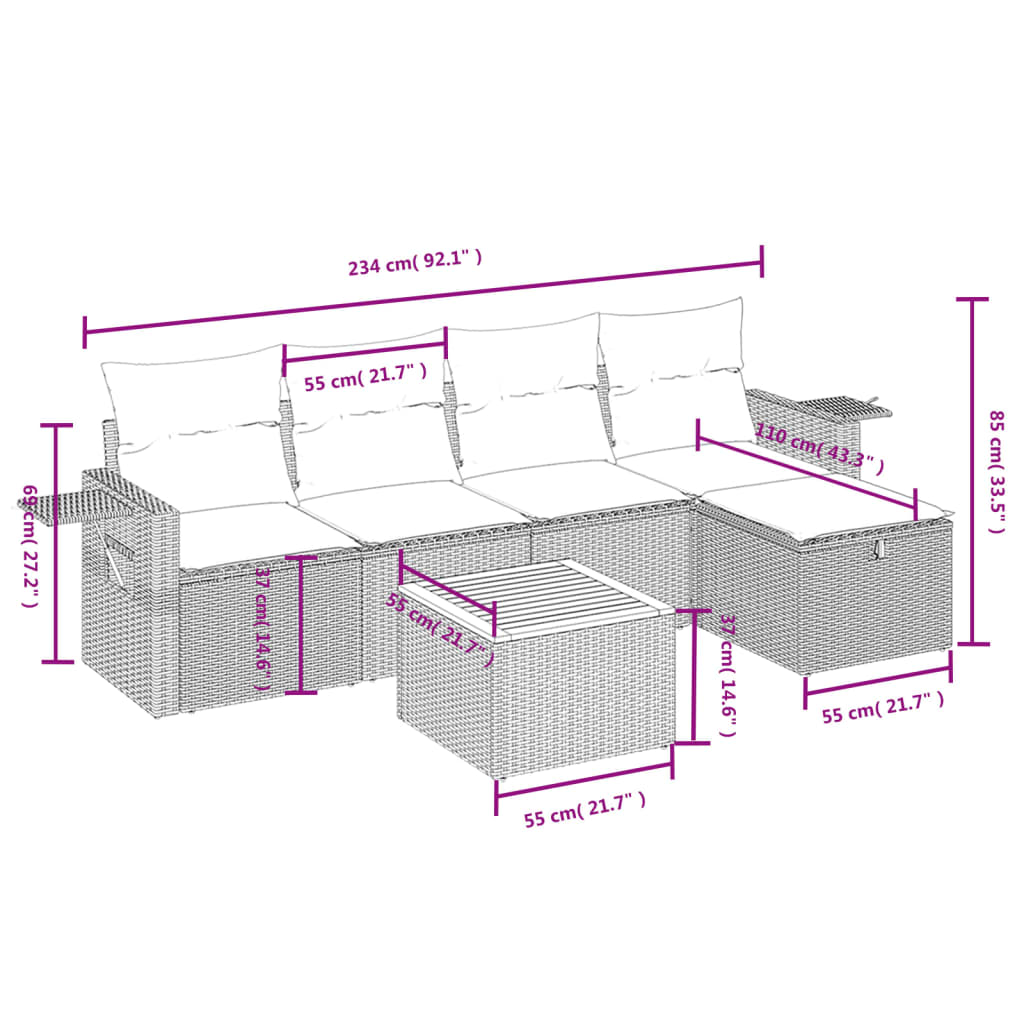 vidaXL 6-tlg. Garten-Sofagarnitur mit Kissen Beige Poly Rattan