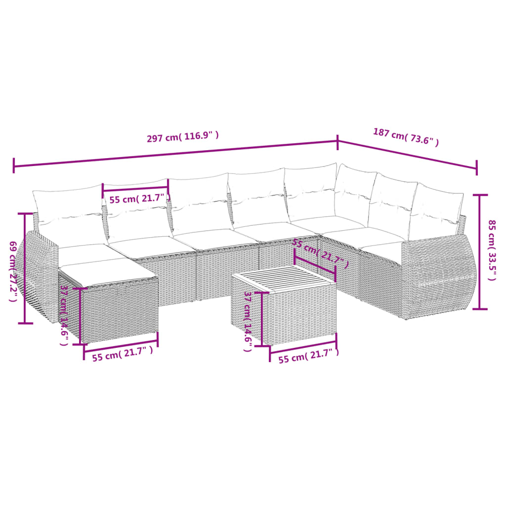 vidaXL Salon de jardin 9 pcs avec coussins Résine tressée Beige