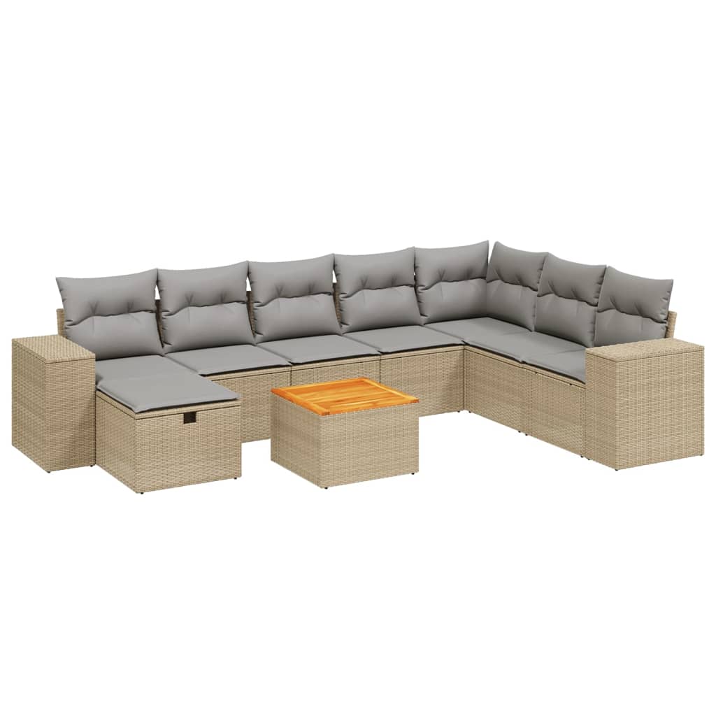 vidaXL 9-tlg. Garten-Sofagarnitur mit Kissen Beige Poly Rattan