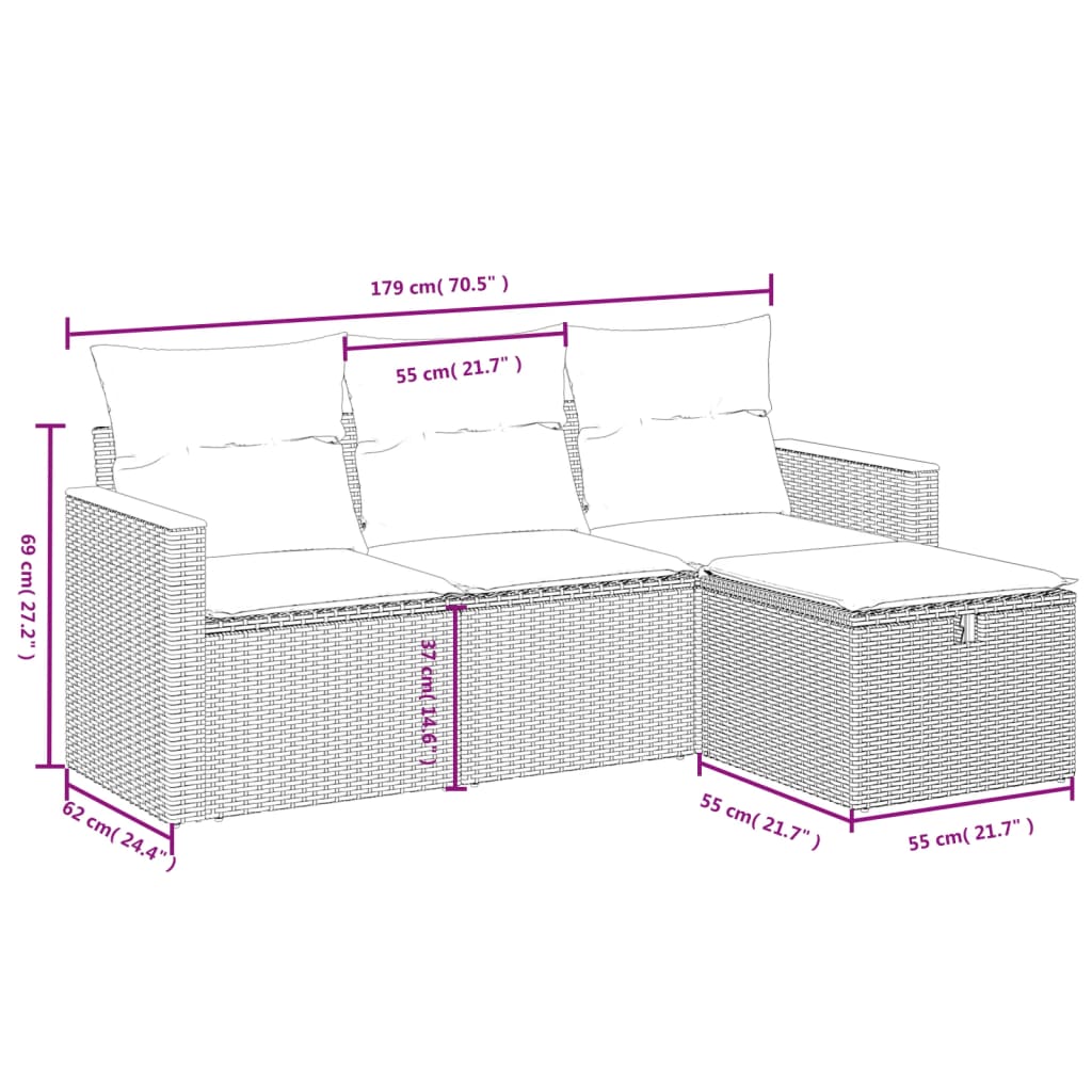 vidaXL 4-tlg. Garten-Sofagarnitur mit Kissen Schwarz Poly Rattan