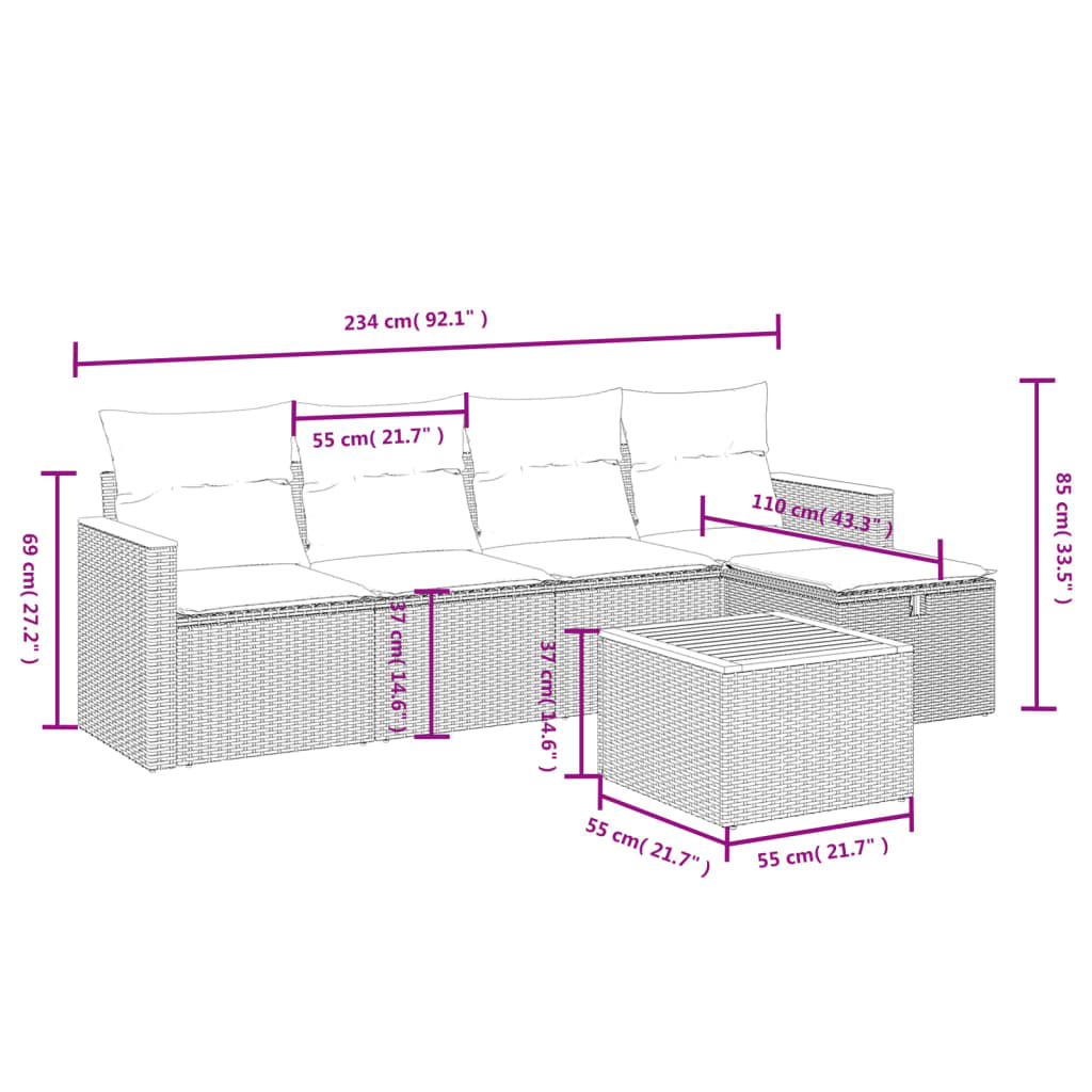 vidaXL 6-tlg. Garten-Sofagarnitur mit Kissen Schwarz Poly Rattan