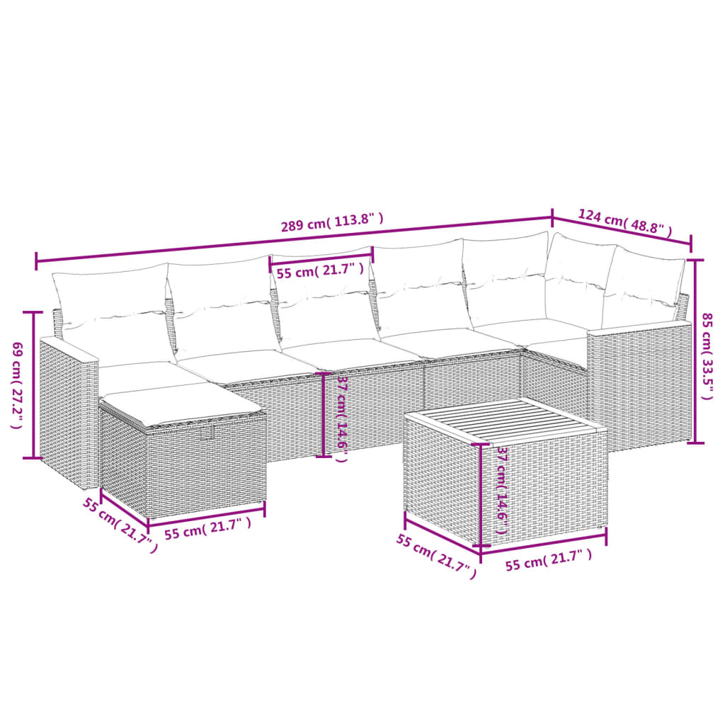 vidaXL 8-tlg. Garten-Sofagarnitur mit Kissen Beige Poly Rattan