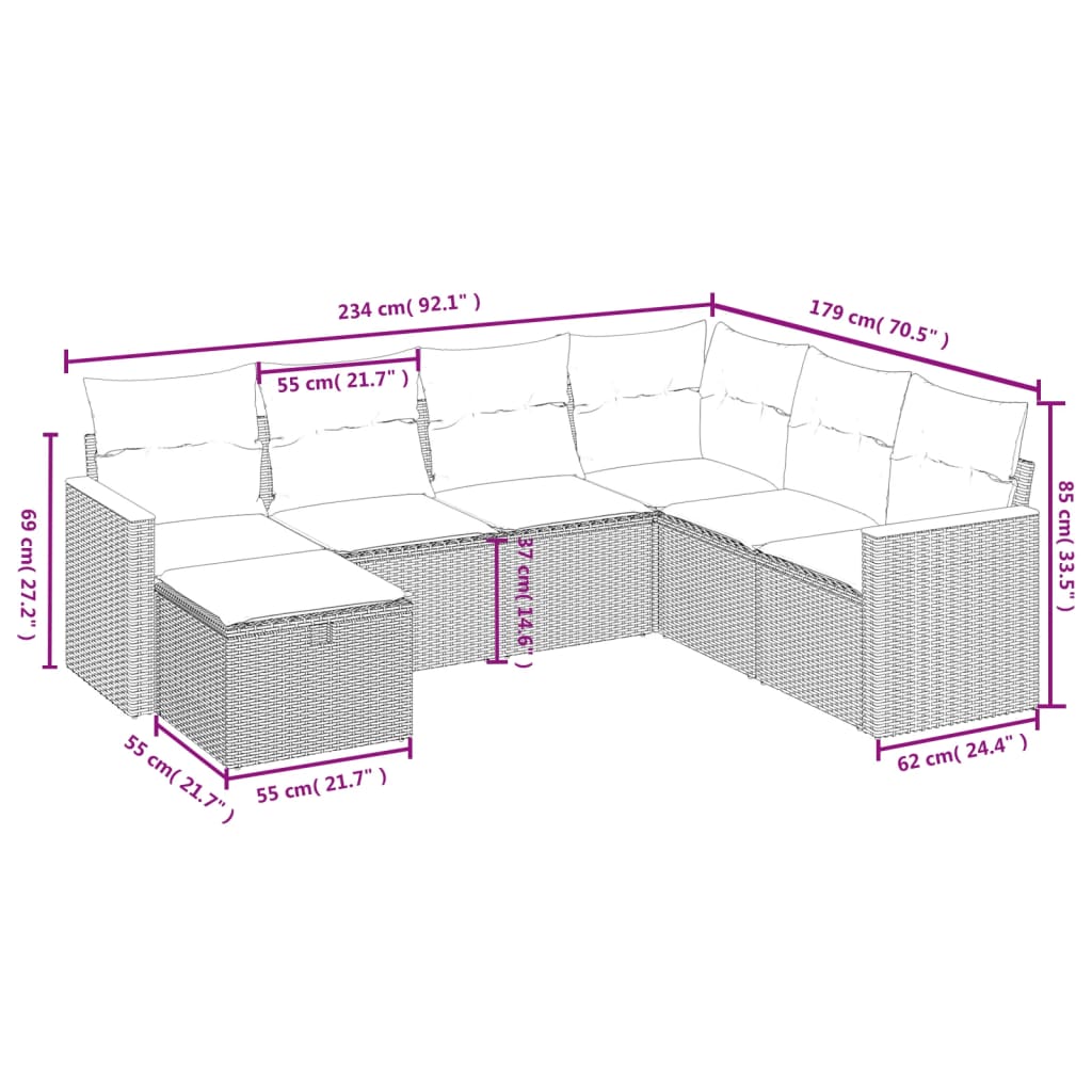 vidaXL 7-tlg. Garten-Sofagarnitur mit Kissen Beige Poly Rattan
