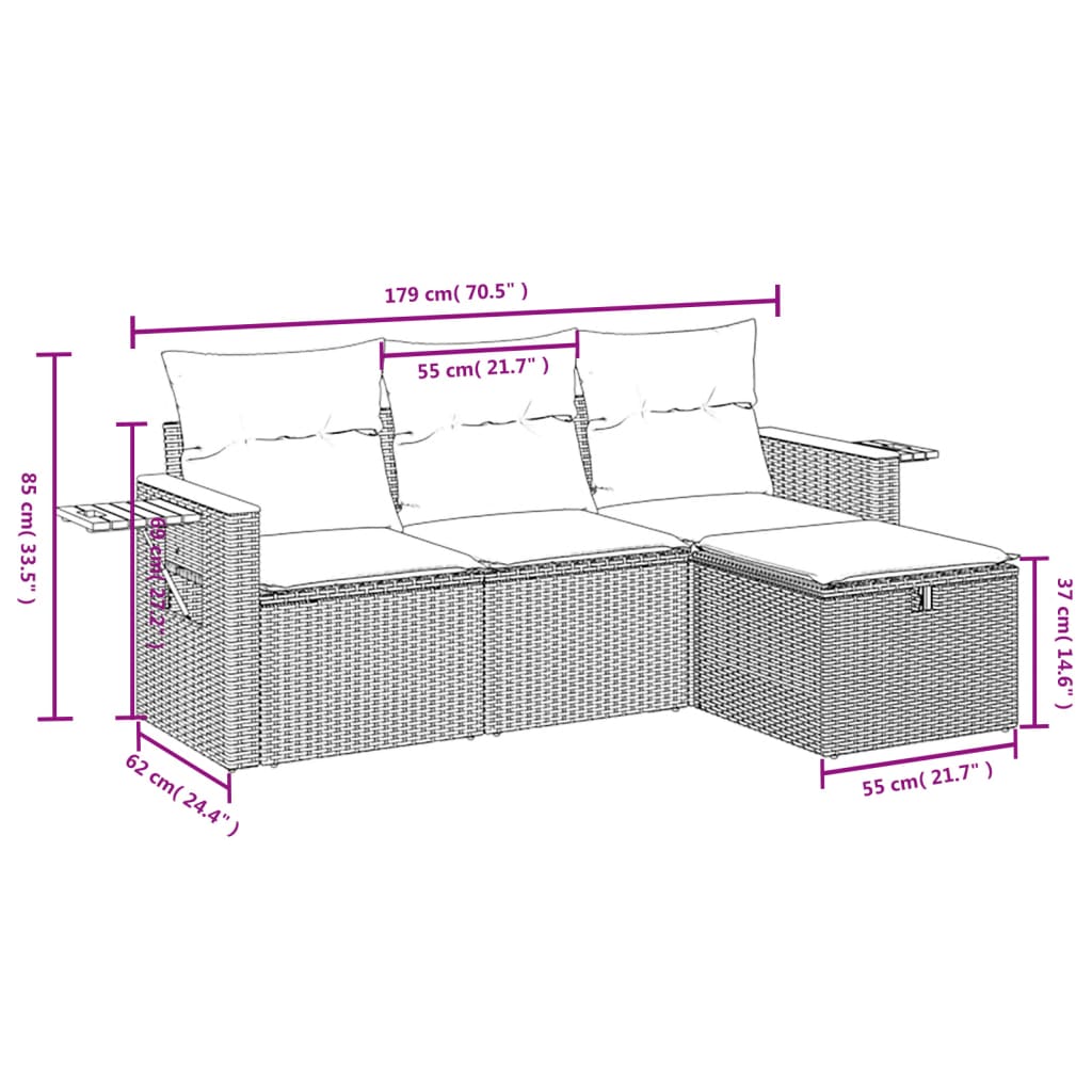 vidaXL 4-tlg. Garten-Sofagarnitur mit Kissen Schwarz Poly Rattan