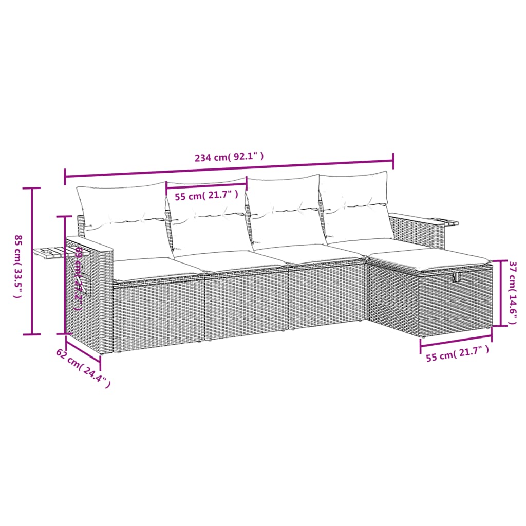 vidaXL 5-tlg. Garten-Sofagarnitur mit Kissen Schwarz Poly Rattan