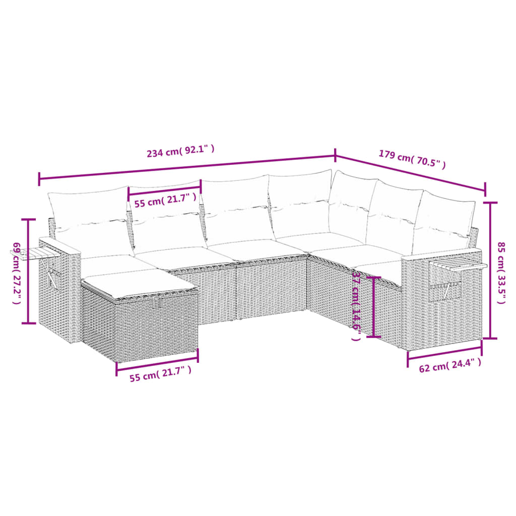 vidaXL 7-tlg. Garten-Sofagarnitur mit Kissen Schwarz Poly Rattan