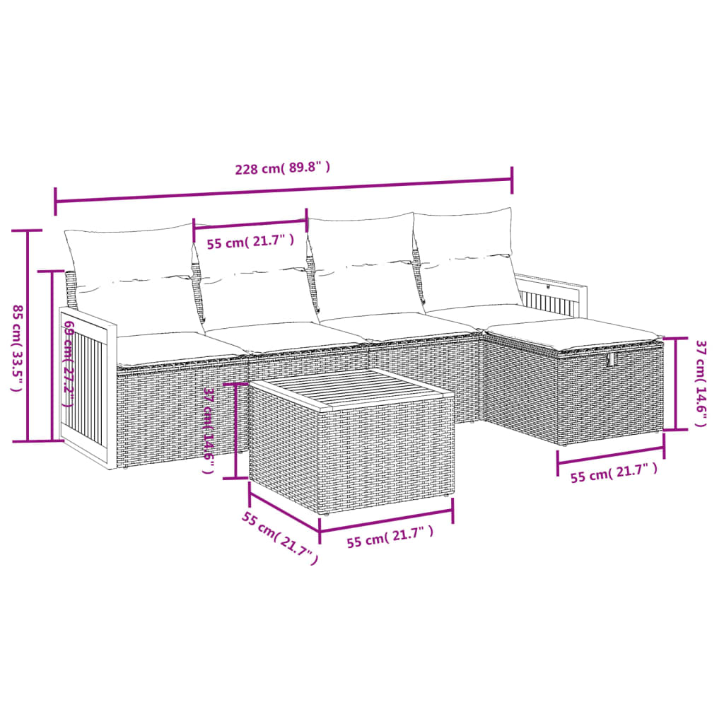 vidaXL 6-tlg. Garten-Sofagarnitur mit Kissen Grau Poly Rattan