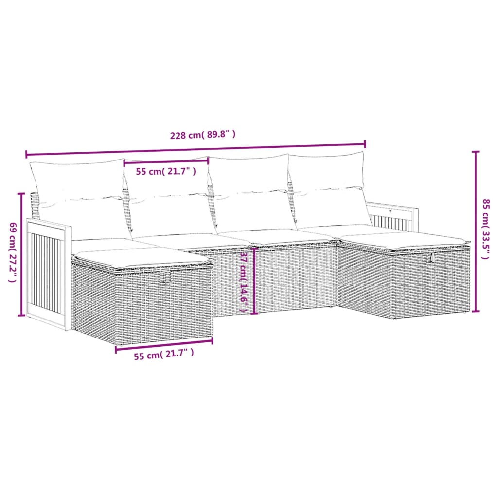 vidaXL 6-tlg. Garten-Sofagarnitur mit Kissen Beige Poly Rattan
