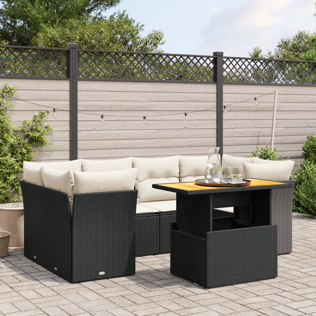 7-tlg. Garten-Sofagarnitur mit Kissen Schwarz Poly Rattan