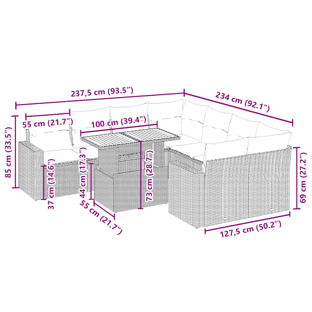 9-tlg. Garten-Sofagarnitur mit Kissen Beige Poly Rattan