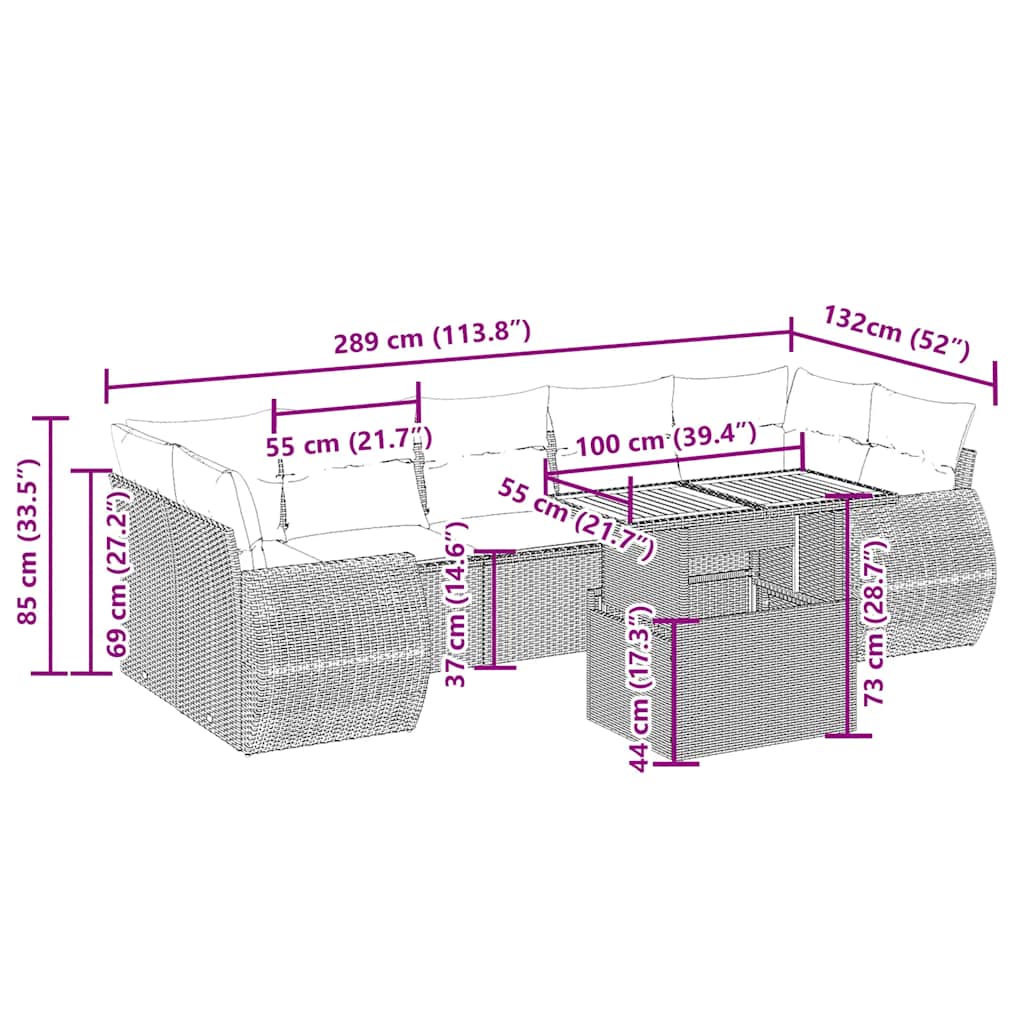 8-tlg. Garten-Sofagarnitur mit Kissen Beige Poly Rattan