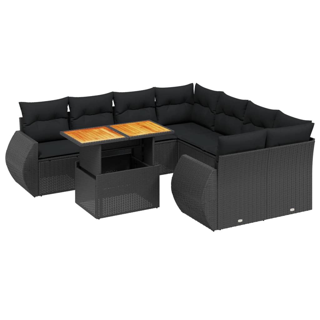 9-tlg. Garten-Sofagarnitur mit Kissen Schwarz Poly Rattan
