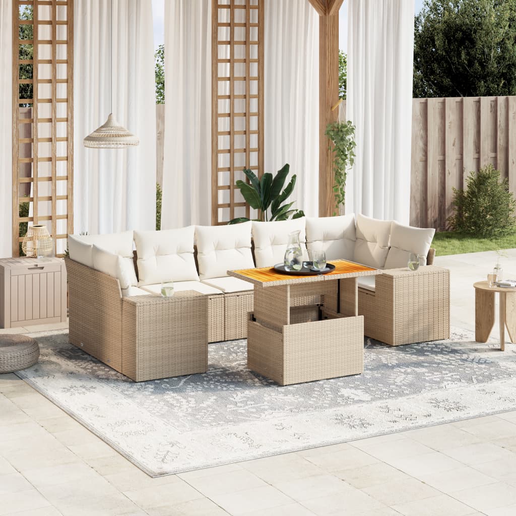 8-tlg. Garten-Sofagarnitur mit Kissen Beige Poly Rattan