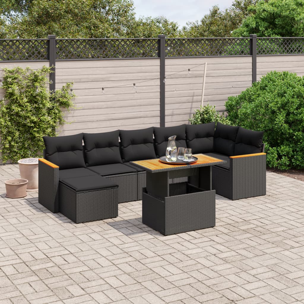 8-tlg. Garten-Sofagarnitur mit Kissen Schwarz Poly Rattan