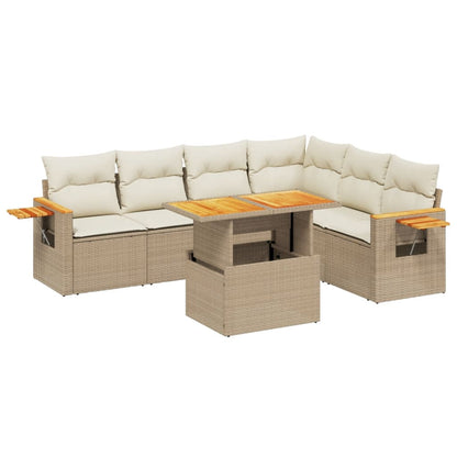 7-tlg. Garten-Sofagarnitur mit Kissen Beige Poly Rattan