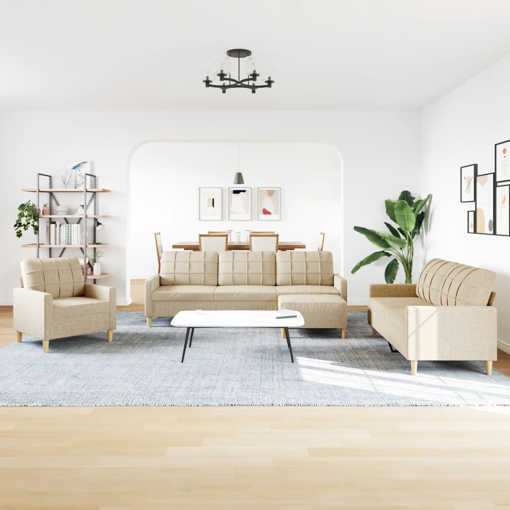 vidaXL 4-tlg. Sofagarnitur mit Fußhocker Creme Stoff