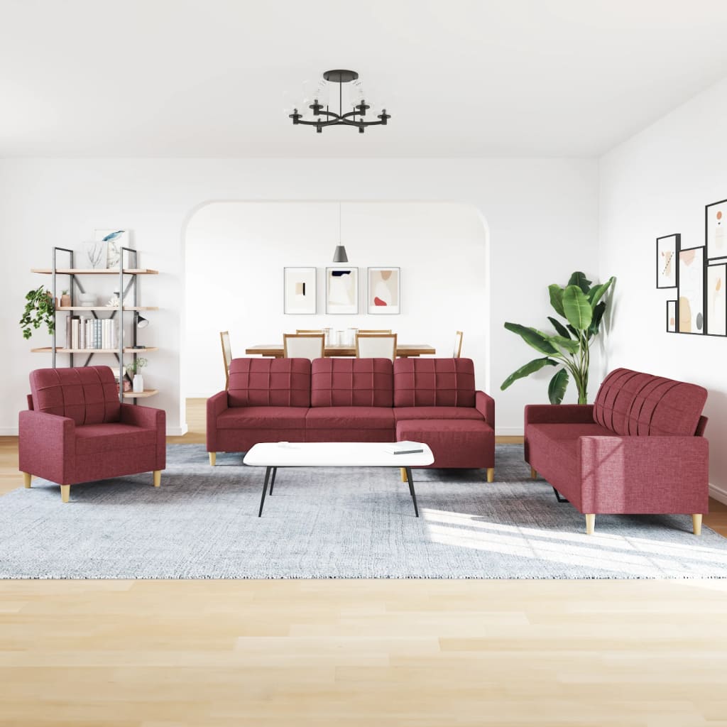 vidaXL 4-tlg. Sofagarnitur mit Fußhocker Weinrot Stoff