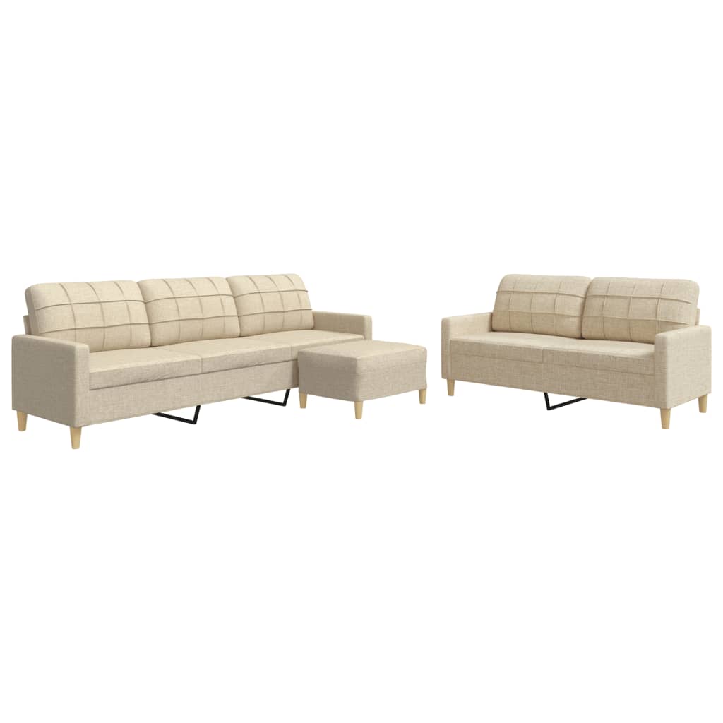 vidaXL 3-tlg. Sofagarnitur mit Fußhocker Creme Stoff