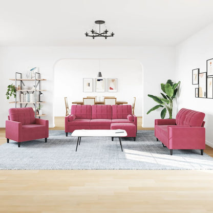 vidaXL 4-tlg. Sofagarnitur mit Kissen und Nackenrollen Weinrot Samt