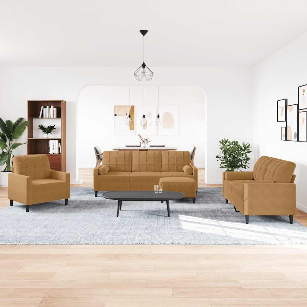 vidaXL 4-tlg. Sofagarnitur mit Kissen und Nackenrollen Braun Samt