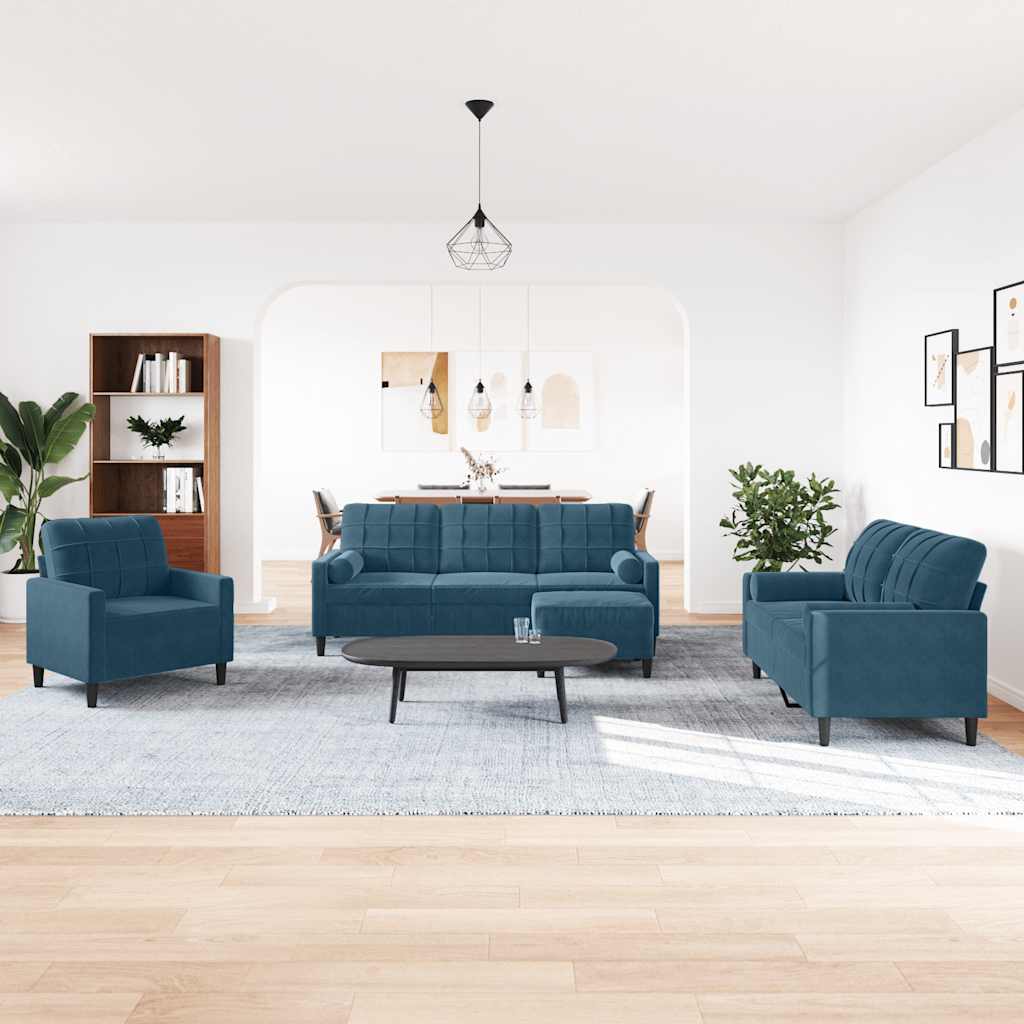 vidaXL Ensemble de canapés 4 pcs avec coussins et traversins velours bleu