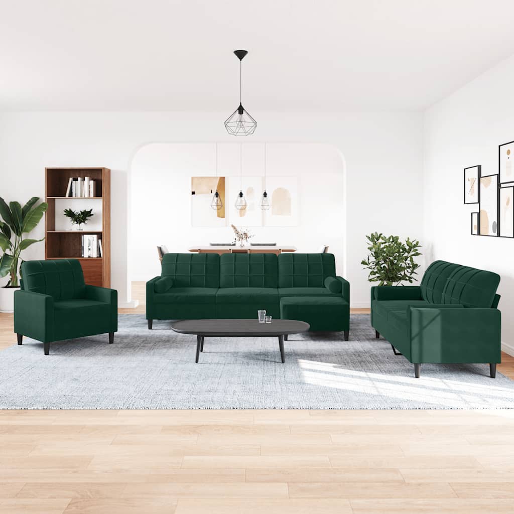 vidaXL 4-tlg. Sofagarnitur mit Kissen und Nackenrollen Dunkelgrün Samt