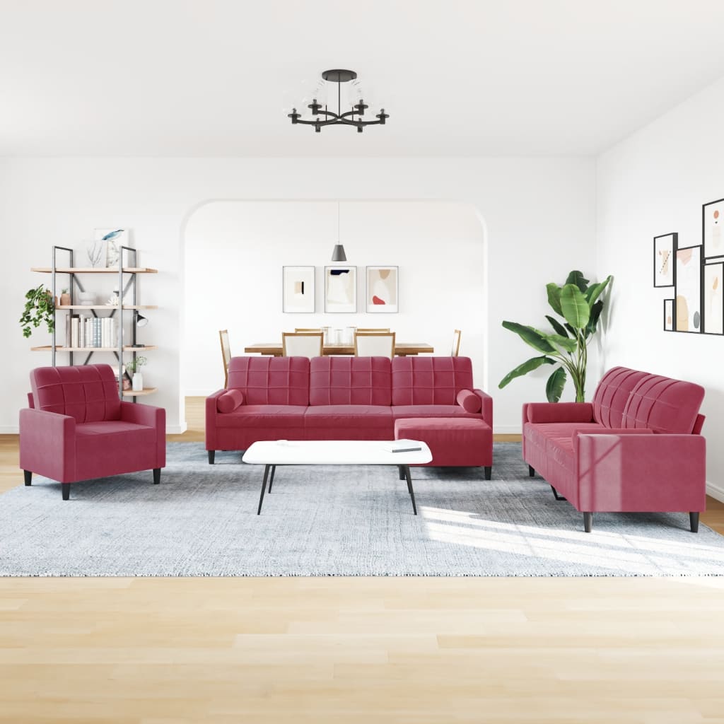 vidaXL 4-tlg. Sofagarnitur mit Kissen und Nackenrollen Weinrot Samt