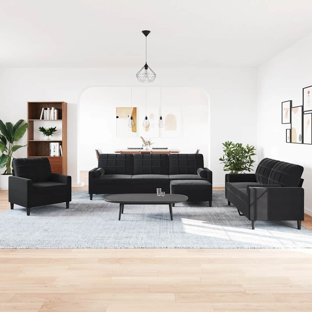 vidaXL 4-tlg. Sofagarnitur mit Kissen und Nackenrollen Schwarz Samt