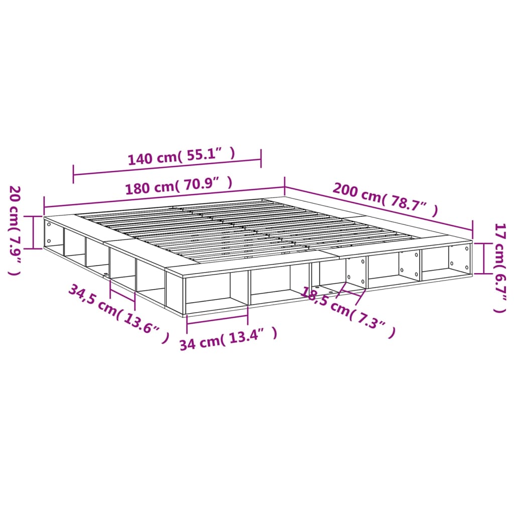 vidaXL Bettgestell Braun Eichen-Optik 180x200 cm Holzwerkstoff
