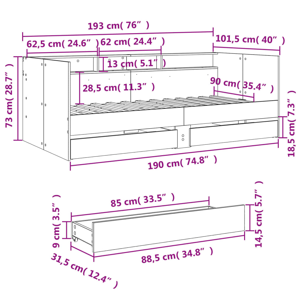 vidaXL Tagesbett mit Schubladen ohne Matratze 90x190 cm