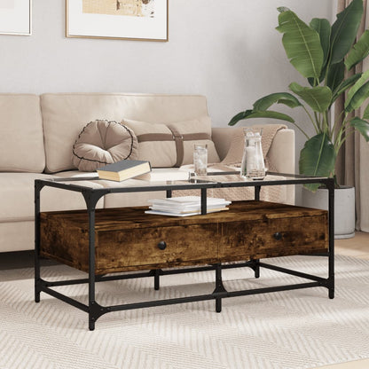 vidaXL Couchtisch mit Glasplatte Räuchereiche 98,5x50x45 cm Stahl