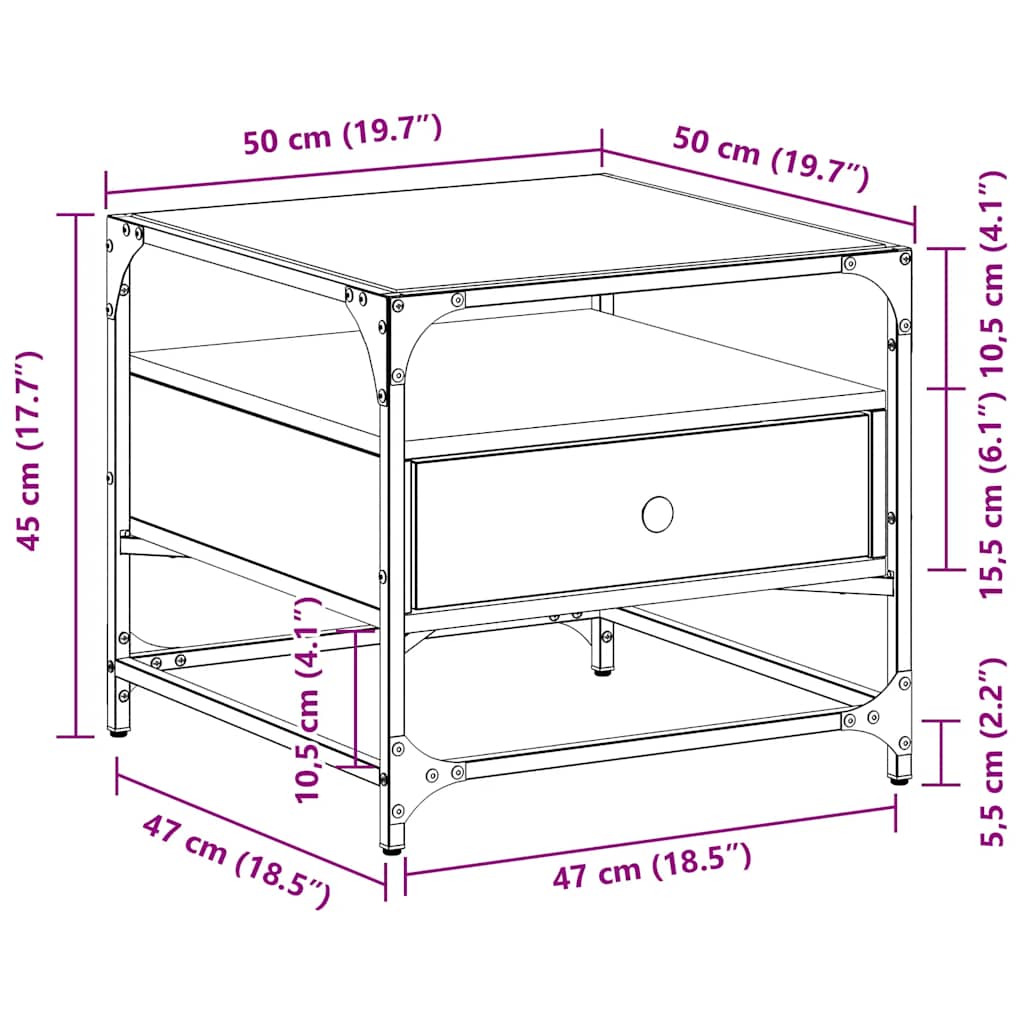 vidaXL Couchtisch mit Glasplatte Sonoma-Eiche 50x50x45 cm Stahl