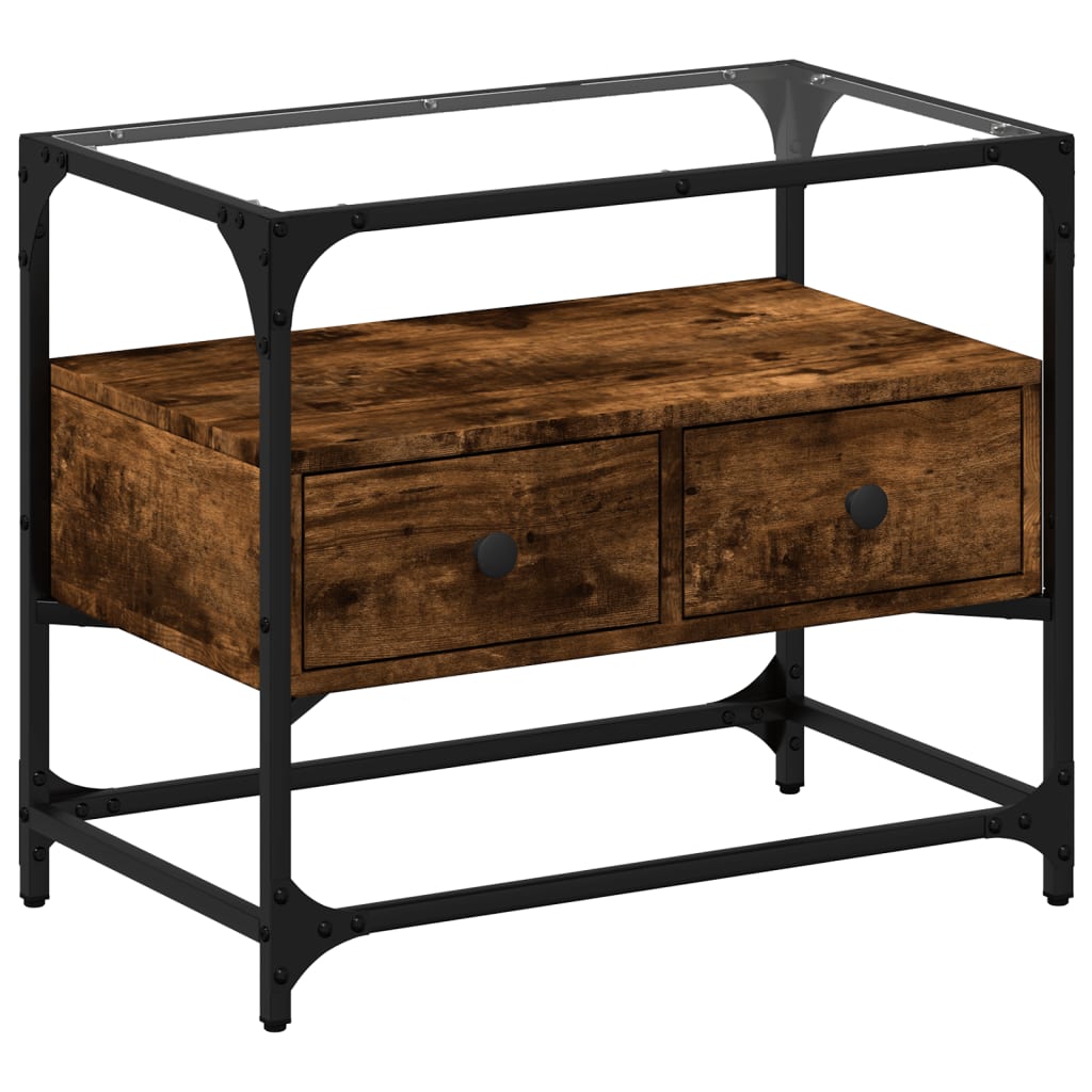 vidaXL Meuble TV avec plateau en verre chêne fumé 60x35x51 cm bois d'ingénierie